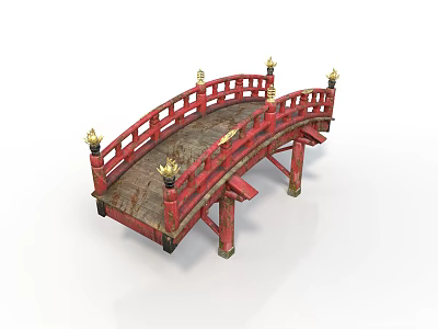 Ornate Traditional Red Arched Bridge Featuring Golden Decorations And Wooden Railings 3d model