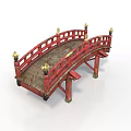 Ornate Traditional Red Arched Bridge Featuring Golden Decorations And Wooden Railings