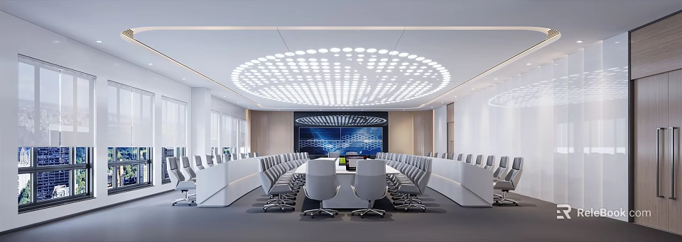 Modern Conference Room With Circular Ceiling Lighting Design Large Screen Conference Table And Chairs 3d model 