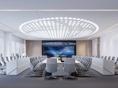 Modern Conference Room With Circular Ceiling Lighting Design Large Screen Conference Table And Chairs 3d model