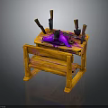 Wooden Workbench with Purple Tools and Knives on Top Surface