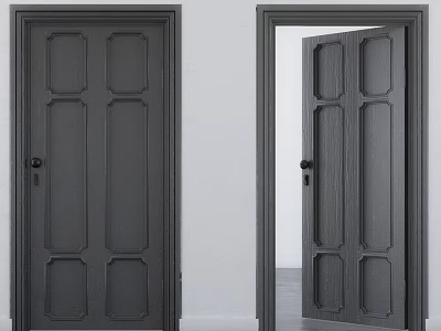 Wooden Dark Panel Swing Door Closed and Open in Home Interior 3d model