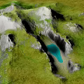 Natural Garden Landscape Design With Green Grass Hills Rocks And Blue Water