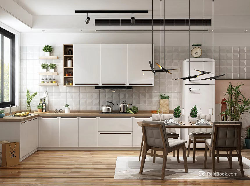 Modern Kitchen Interior With White Cabinets Hanging Lights Dining Table Chairs And Green Plants 3d model 