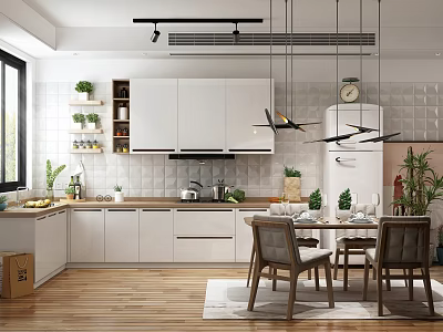 Modern Kitchen Interior With White Cabinets Hanging Lights Dining Table Chairs And Green Plants 3d model