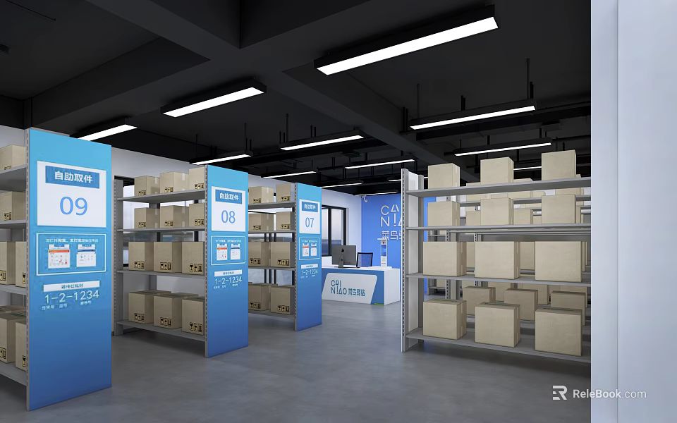 Organized Shopping Mall Store Interior With Shelves Boxes And Blue Number Signs 3d model 