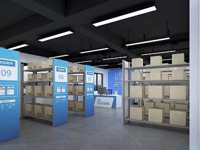 Organized Shopping Mall Store Interior With Shelves Boxes And Blue Number Signs 3d model