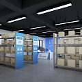 Organized Shopping Mall Store Interior With Shelves Boxes And Blue Number Signs
