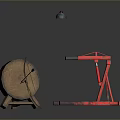 Red Forklift and Wooden Barrel on Stand with Hanging Blue Lamp