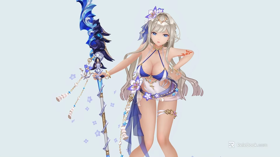 Long White Haired Game Anime Character In Blue Bikini With Floral Accessories Staff Purple Flowers 3d model 