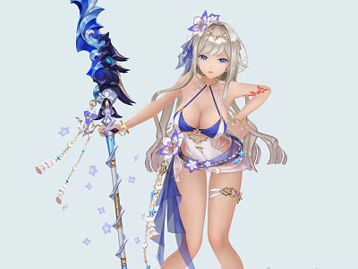 Long White Haired Game Anime Character In Blue Bikini With Floral Accessories Staff Purple Flowers 3d model