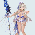 Long White Haired Game Anime Character In Blue Bikini With Floral Accessories Staff Purple Flowers