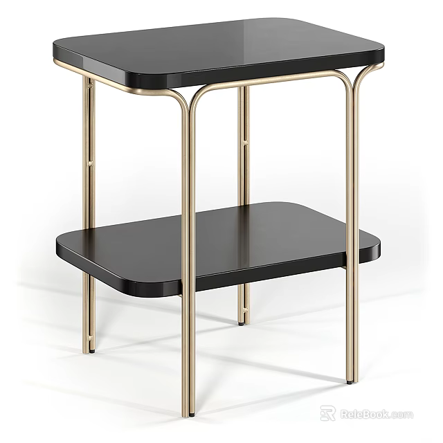 Modern Two Tier Side Table With Black Tabletop And Gold Metal Legs 3d model