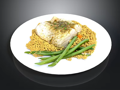 Delicious Baked Fish Fillet Served With Yellow Grains And Green Beans Topped With Fresh Herbs 3d model