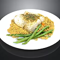 Delicious Baked Fish Fillet Served With Yellow Grains And Green Beans Topped With Fresh Herbs