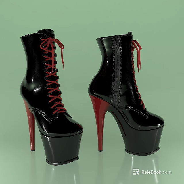 Black Patent Leather High Heel Platform Boots With Red Laces And Red Heels 3d model 