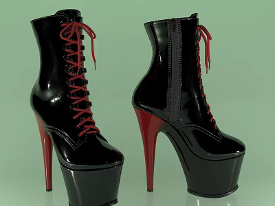 Black Patent Leather High Heel Platform Boots With Red Laces And Red Heels 3d model