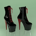 Black Patent Leather High Heel Platform Boots With Red Laces And Red Heels