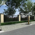 Modern Building Exterior Wall With Light-colored Finish Metal Fence Trees Shrubs And Paved Road