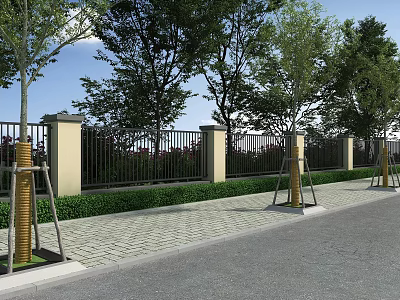Modern Building Exterior Wall With Light-colored Finish Metal Fence Trees Shrubs And Paved Road 3d model