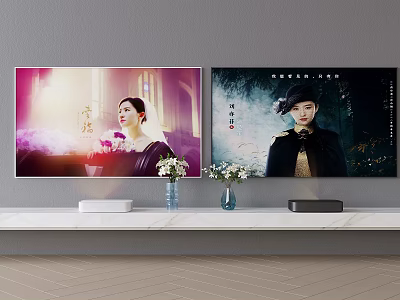 Two Wall Mounted TVs Showing Drama Scenes With White Shelf And Decorative Vases 3d model