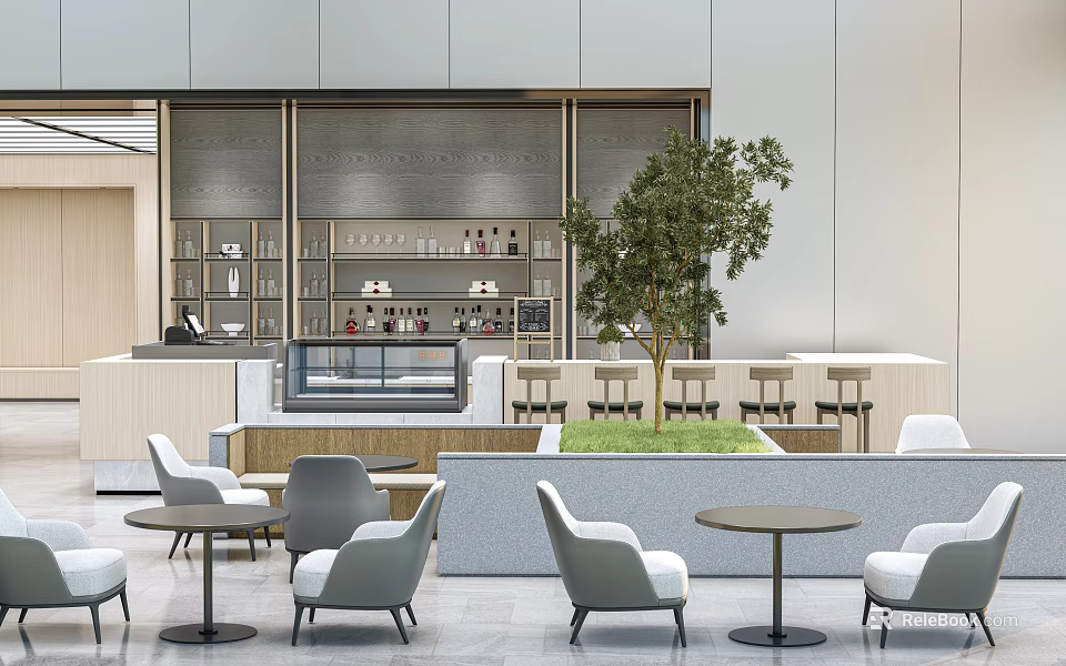 Stylish Modern Lounge Area With Comfortable Chairs Round Tables And Green Plant 3d model 