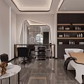 Modern Beauty Hair Salon Interior With Gray Sofa Round Mirrors Black Chairs And Marble Flooring