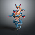 Horned Multi Headed Serpent Character with Blue Orange Scales Coiled Body and Red Eyes
