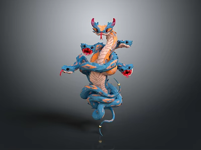 Horned Multi Headed Serpent Character with Blue Orange Scales Coiled Body and Red Eyes 3d model