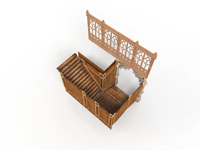 Architectural Wooden Staircase With Intricate Carved Railing And Interior Structure 3d model