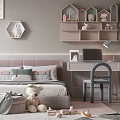 Modern Elegant Kids Bedroom With Pink And Gray Tones House Shaped Bookshelf And Stuffed Toys