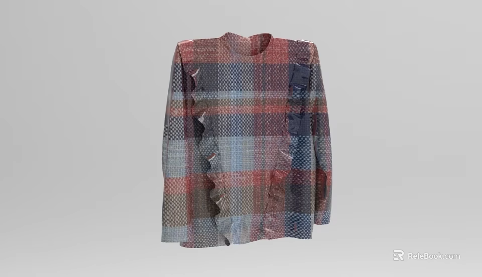 Plaid Shirt Featuring Red Blue Gray Check Pattern With Ruffled Sleeves Design 3d model 
