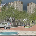 Residential Landscape With High Rise Buildings Low Rise Houses Green Trees Paved Pathway And Fountain
