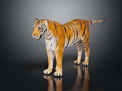 Tiger Model With Orange Fur And Black Stripes Standing On Black Background With Reflection 3d model