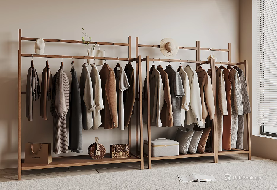 Wooden Clothing Rack with Hanging Clothes Hats Bags and Storage Boxes in Minimalist Room 3d model 