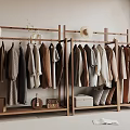 Wooden Clothing Rack with Hanging Clothes Hats Bags and Storage Boxes in Minimalist Room