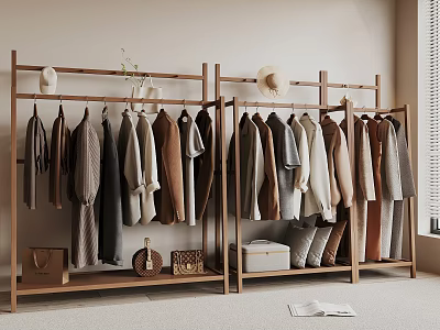 Wooden Clothing Rack with Hanging Clothes Hats Bags and Storage Boxes in Minimalist Room 3d model