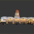 Cartoon Mosque Interior Scene With Red Striped Carpets White Patterned Pillars And Hanging Chandeliers