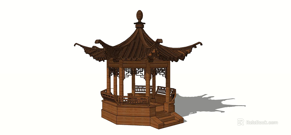 Traditional Chinese Wooden Pavilion Featuring Curved Eaves Ornate Carved Pillars Seating And Steps 3d model 
