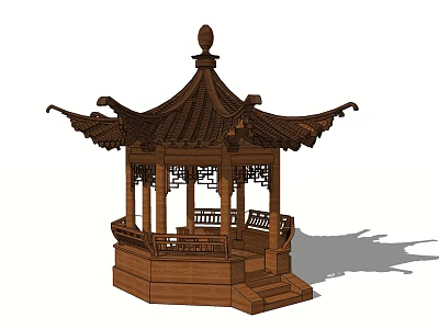 Traditional Chinese Wooden Pavilion Featuring Curved Eaves Ornate Carved Pillars Seating And Steps 3d model