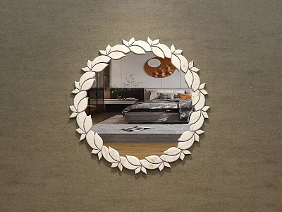 Round Decorative Mirror with White Leaf Frame Reflecting Bedroom Interior Wooden Floor Copper Lamp 3d model