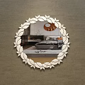 Round Decorative Mirror with White Leaf Frame Reflecting Bedroom Interior Wooden Floor Copper Lamp