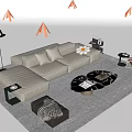 Modern Beige L-shaped Sofa With Marble Coffee Table Cushions Floor Lamp And Ottoman