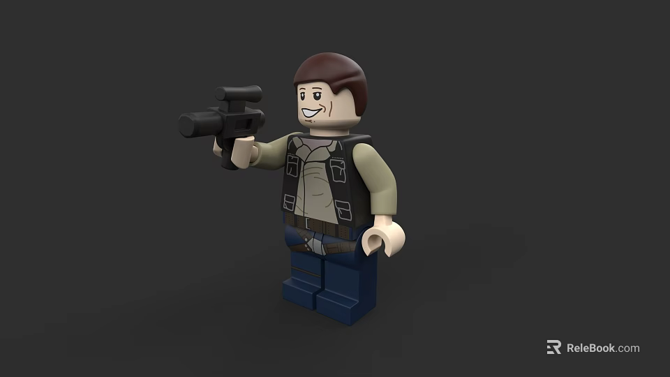 Building Block Figure Holding Camera Wearing Vest And Shirt With Blue Pants On Dark Background 3d model 
