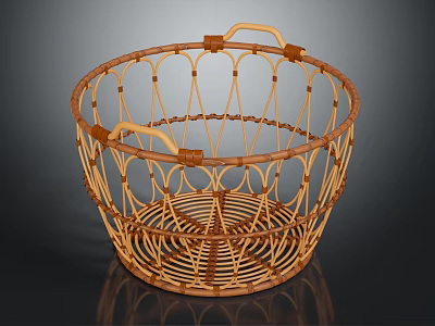Round Bamboo Woven Basket with Handles and Intricate Weave Design for Household Storage Organizing 3d model