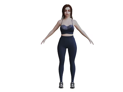 Woman in dark blue sports bra and leggings standing against white background wearing sneakers 3d model
