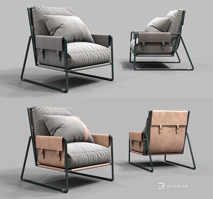 Modern Single Sofa With Black Metal Frame Light Gray Fabric Cushion And Elegant Stitching Design 3d model 
