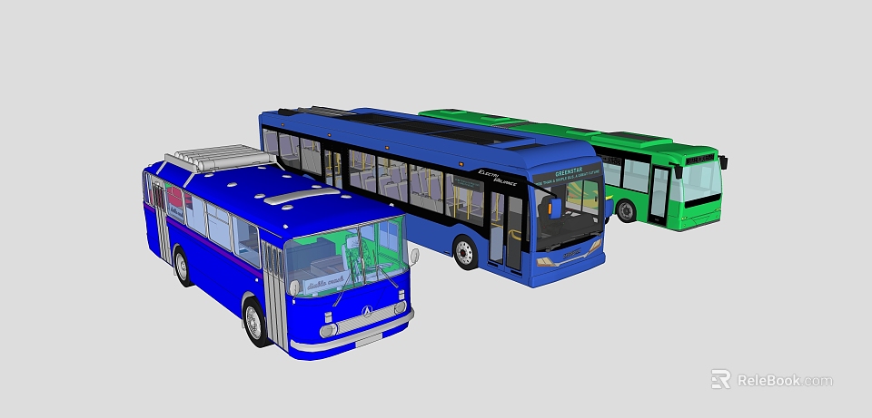 Blue and Green Buses with Modern Body Styles and Side Windows Displayed 3d model 