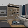 Cozy Modern Leisure Area With Sofa Bookcase Rug And Window Curtains Decor
