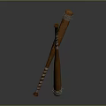 Decorative Wooden Staffs Featuring Carved Design Striped Accents And Metal Rings Crossed
